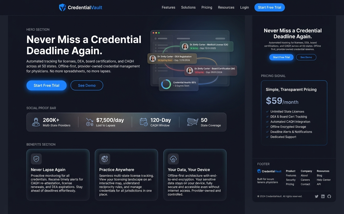 The design target — CredentialVault's landing page