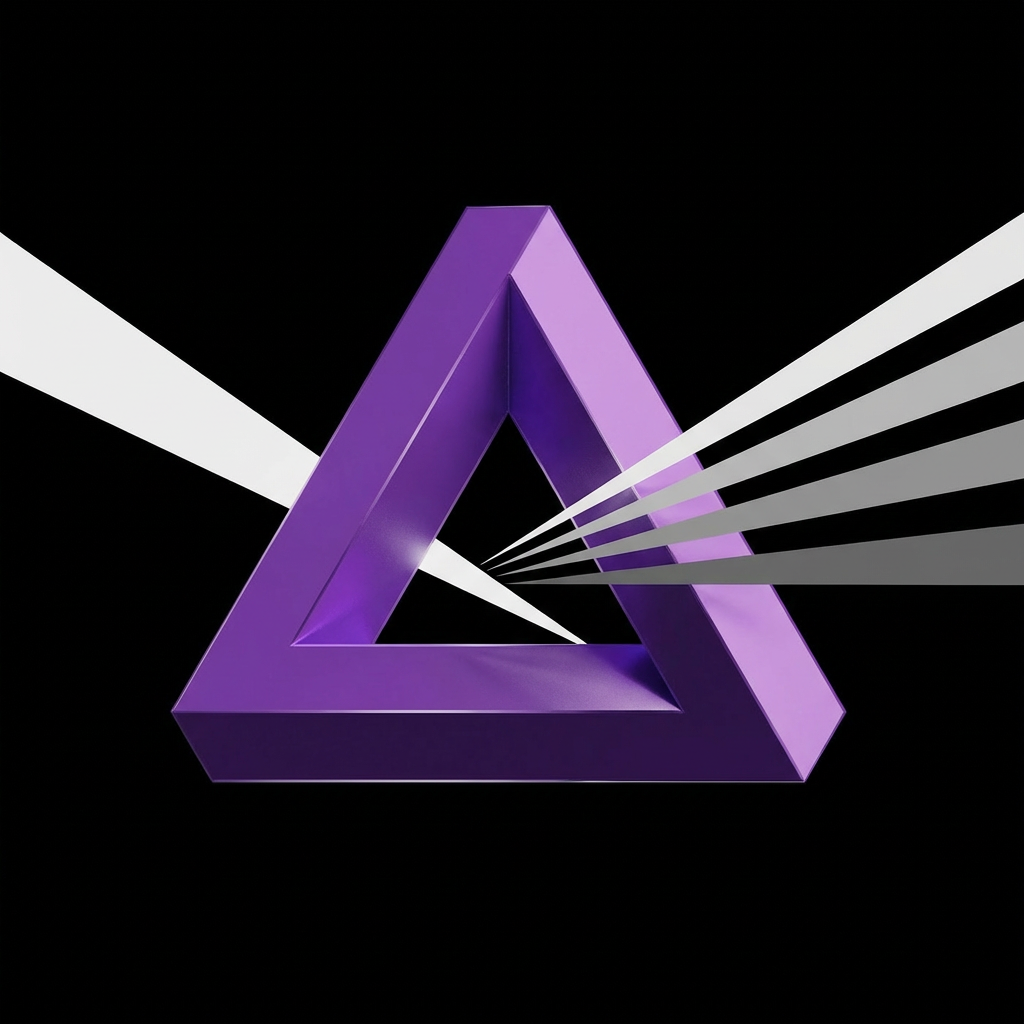 Impossible Penrose triangle prism — white light enters, gray beams emerge